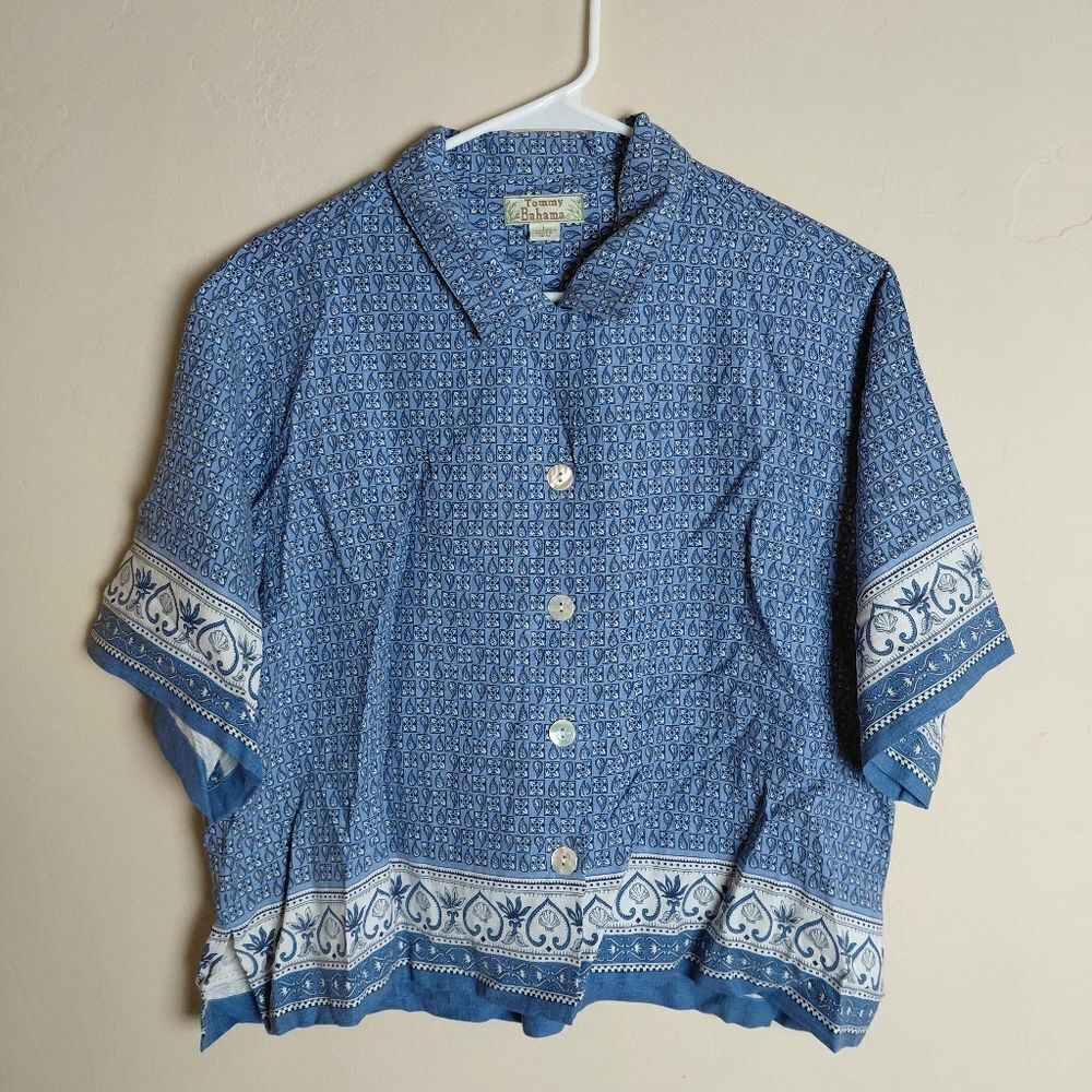 Tommy Bahama Silk Blouse Womens Large Blue Pattern Button Up Short Sleeve NWOT